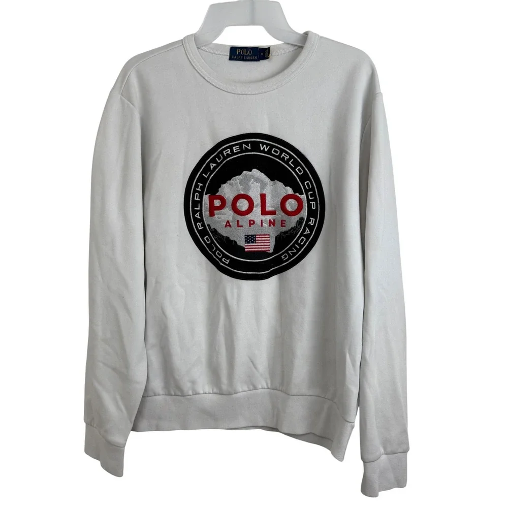 Polo Ralph Lauren White Crewneck Sweatshirt World Cup Alpine Racing Logo‎ Medium